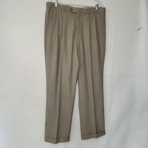 Alan Flusser Pant Mens 36x30 Glen Plaid Pinstripe Dress Pants Tan Pleated Cuffed
